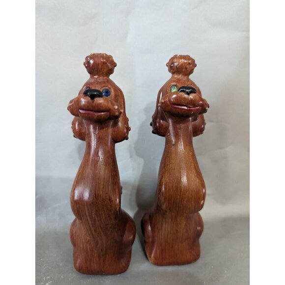 Vintage Poodle figurine MCM Long Neck Faux Wood Jeweled Eyes 6 in set of 2 - Picture 5 of 7